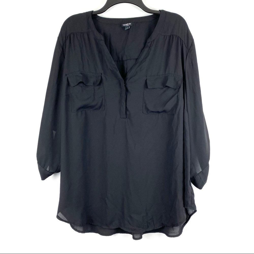 Torrid Black Chiffon Semi-Sheer 3/4 Sleeve Blouse EUC